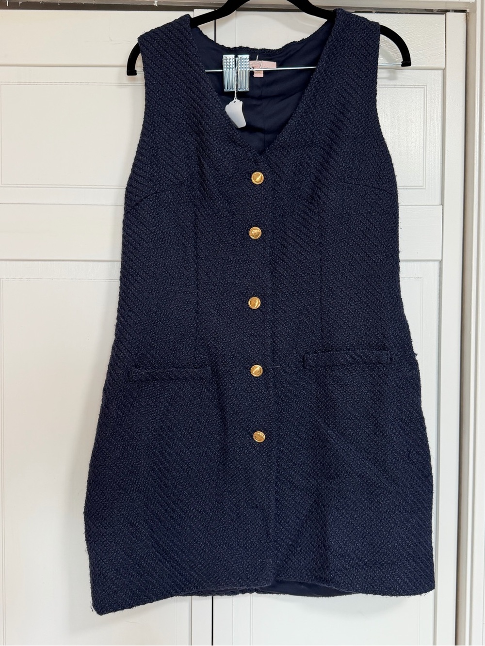Sleeveless Navy Textured Dress with Gold Buttons